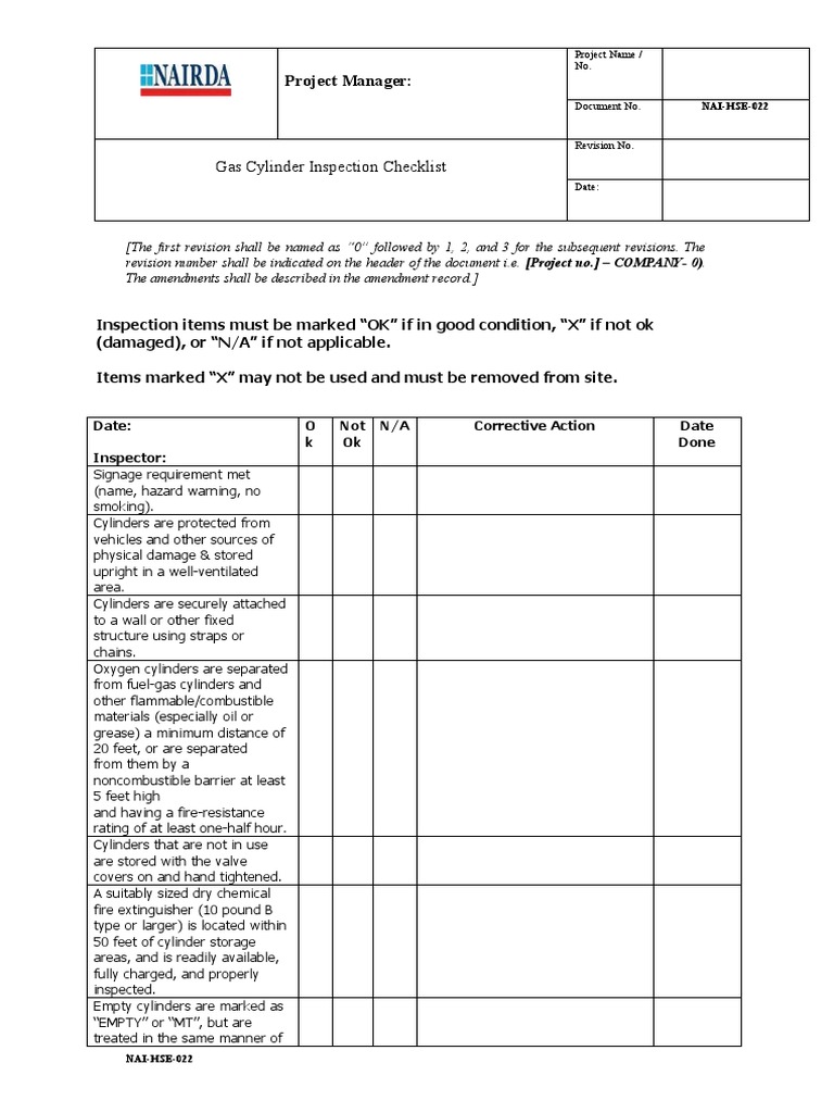 (NAIHSE022) Gas Cylinder Inspection Checklist PDF Mechanical Engineering Gases