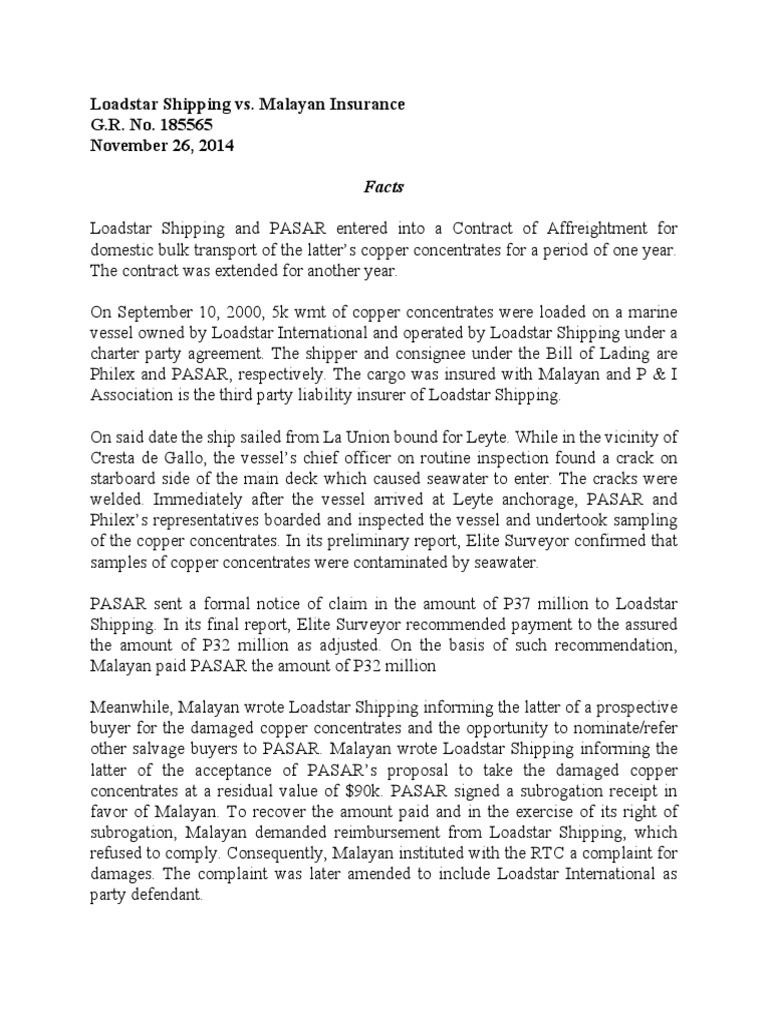Loadstar Shipping vs. Malayan Insurance (Decision) | PDF | Indemnity ...