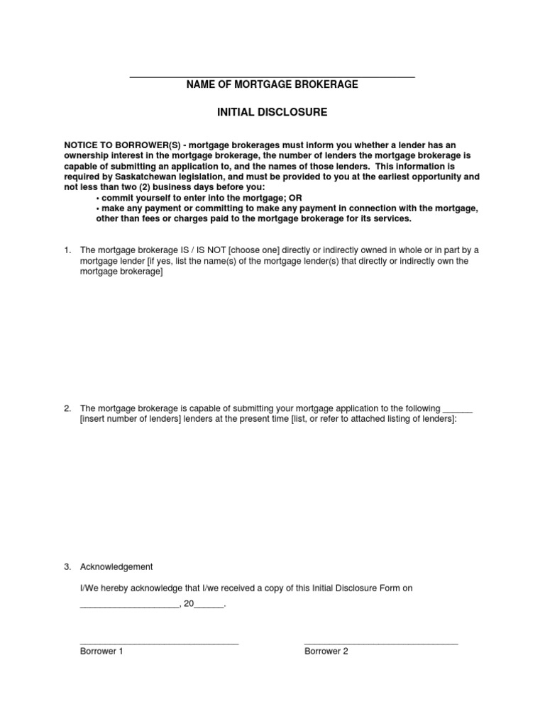 Mortgage Brokerage Initial Disclosure Form PDF