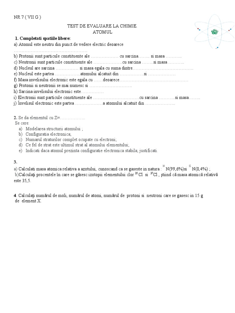 Test de Evaluare - Atomul 7 G | PDF