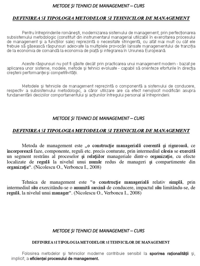 Curs - Metode Si Tehnici de Management | PDF