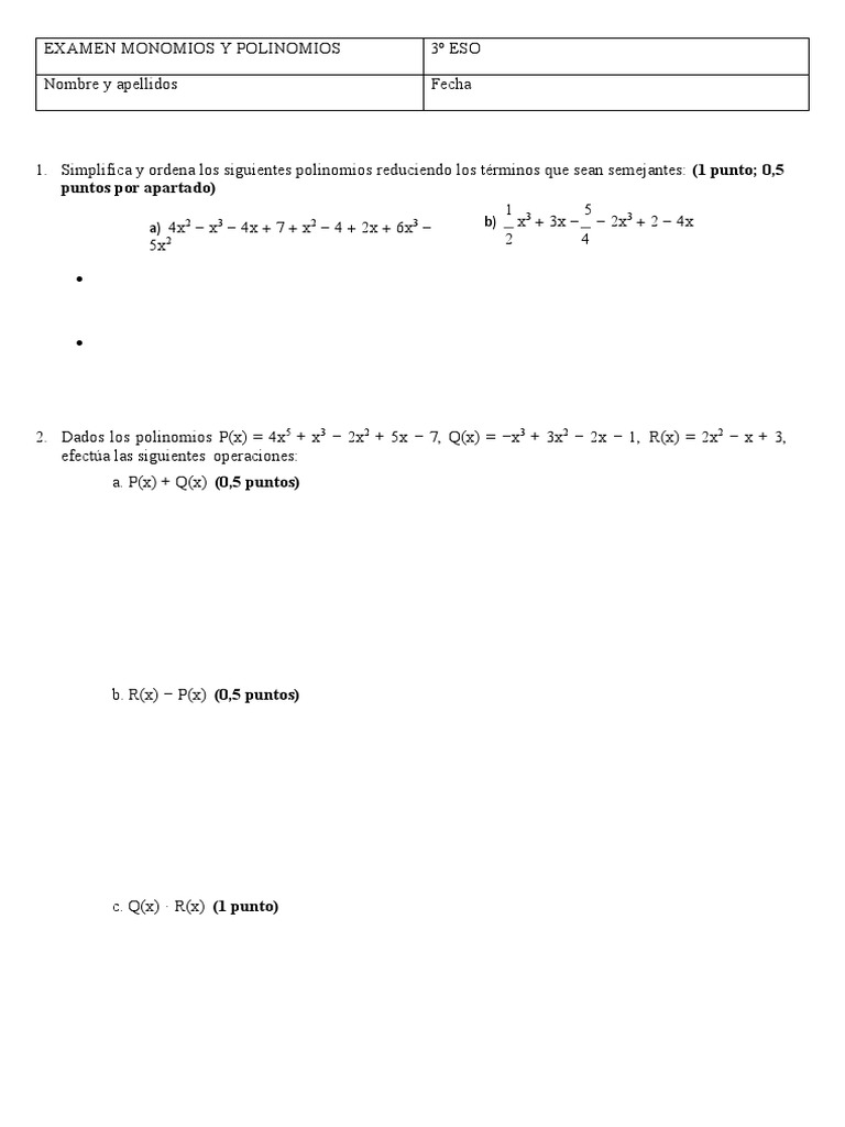 Examen Monomios y Polinomios | PDF