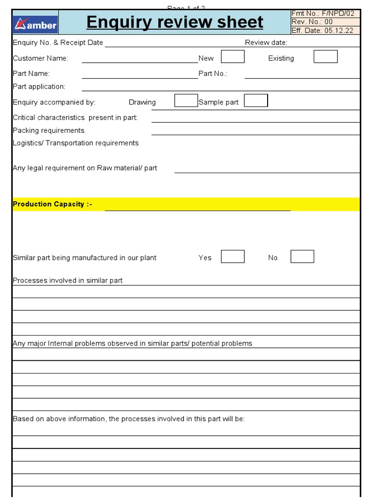 F.npd.02. Enquiry Review Sheet | PDF | Finance & Money Management