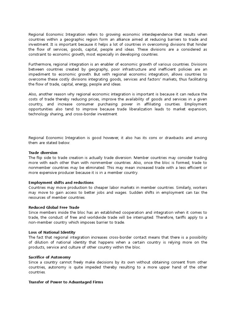 Pros and Cons of Regional Integration | PDF | Economic Integration ...