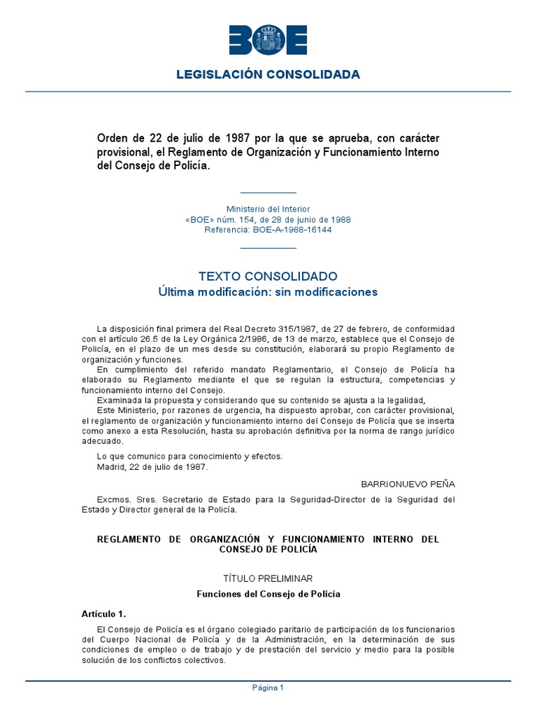 BOE A 1988 16144 Consolidado PDF Regulación Policía