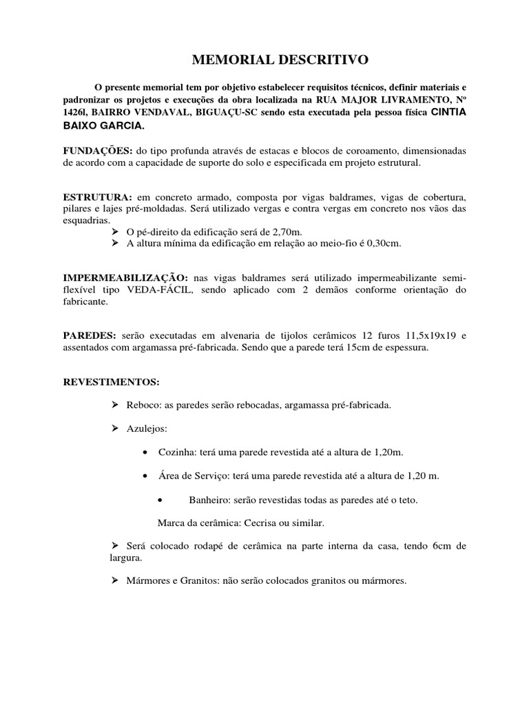 Memorial Descritivo Obra | PDF | Argamassa (alvenaria) | Calçada