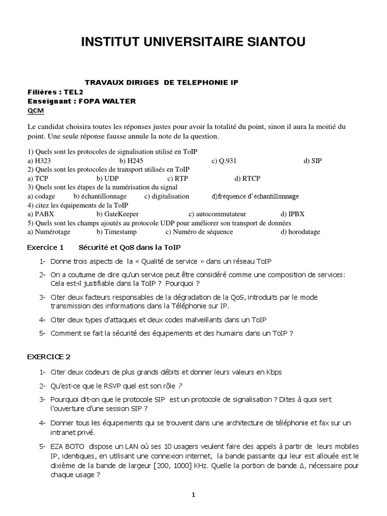 QCM et Exercices sur la ToIP | PDF | Voix sur IP | séance d'initiation ...