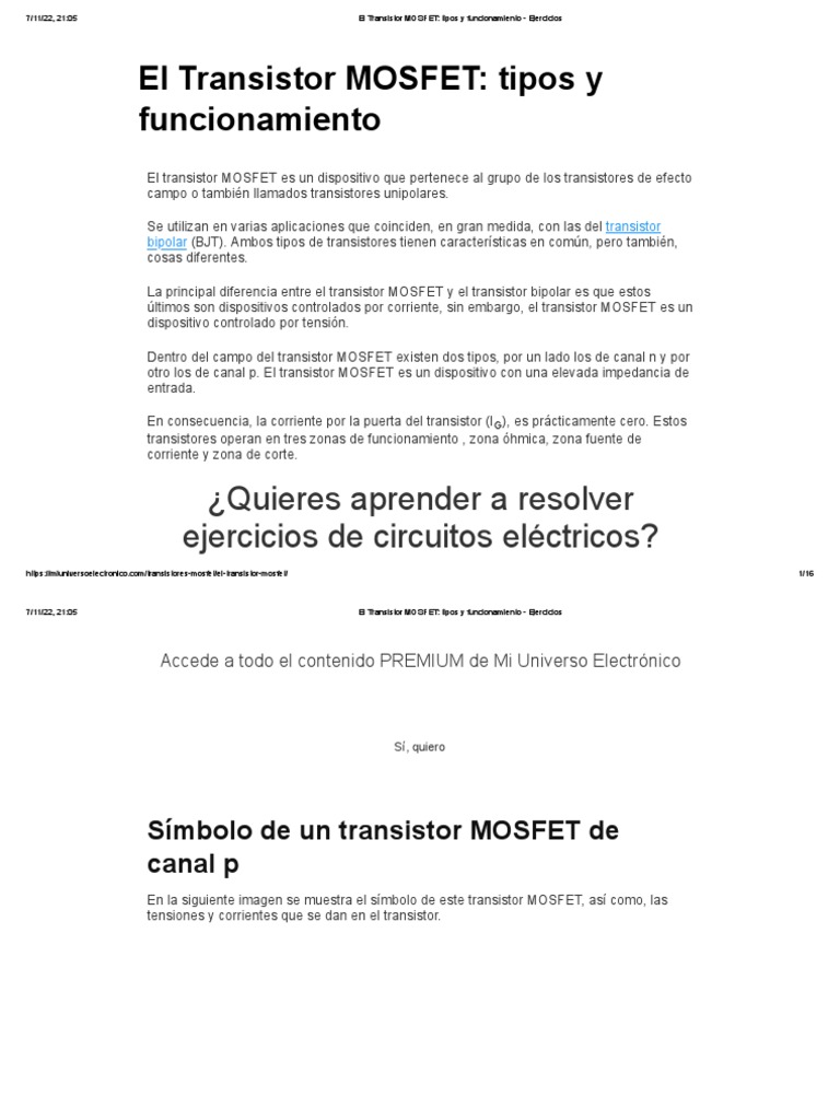El Transistor MOSFET Tipos y Funcionamiento Ejercicios PDF