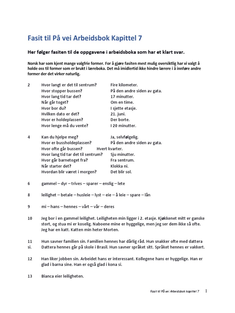 Fasit Til P Vei Arbeidsbok Kapittel 7 | PDF