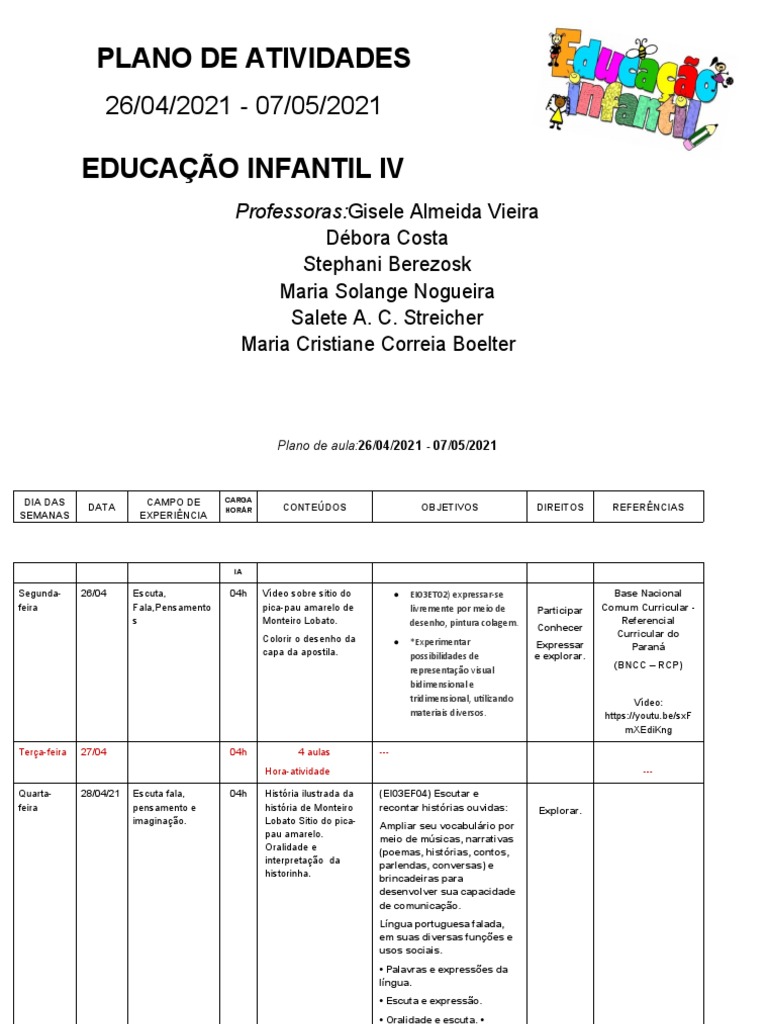 Plano de atividades para educação infantil | PDF