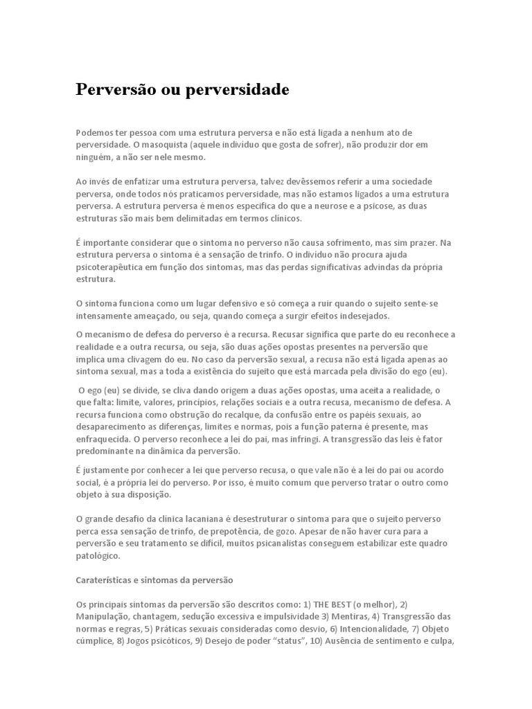 Perversão e Perversidade: Diferenças e Sintomas | PDF | Psicologia