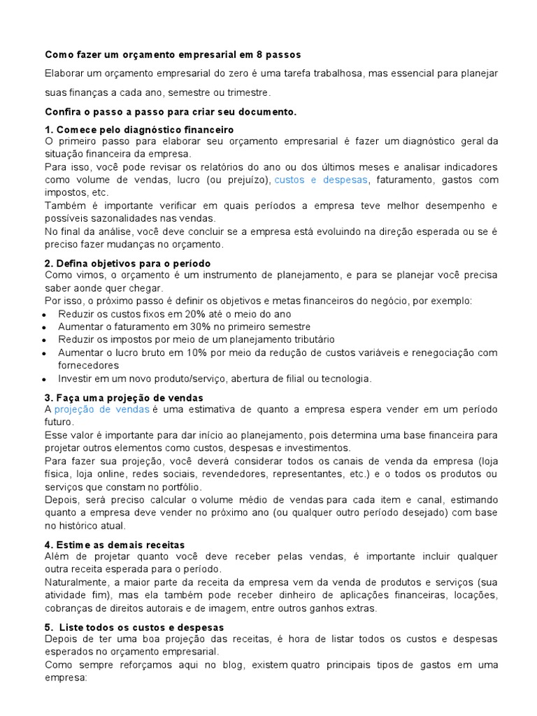 Como Fazer Um Orçamento Empresarial em 8 Passos | PDF | Orçamento ...
