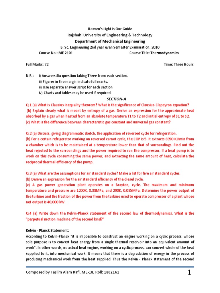 Thermodynamics Question Solve 2010 Pdf Diesel Engine Heat