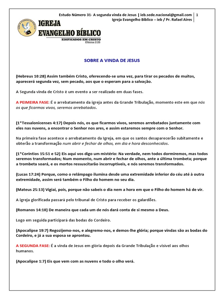 Estudo sobre a Segunda Vinda de Jesus | PDF | Arrebatamento cristão ...