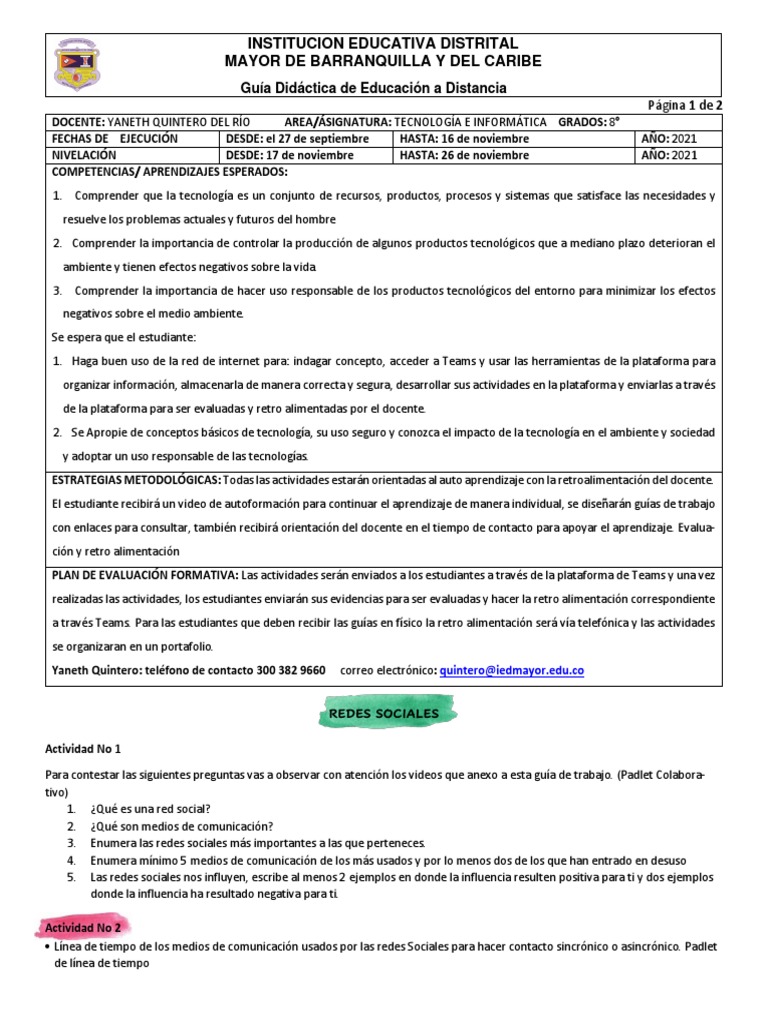 Guía Didáctica de Tecnología 8° 2021 | PDF | Maestros | Aprendizaje