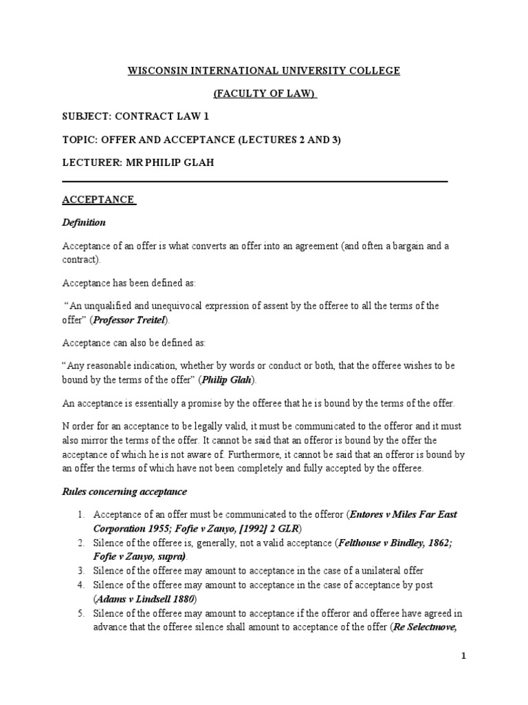 Contract Law One Notes On Acceptance | PDF | Offer And Acceptance ...