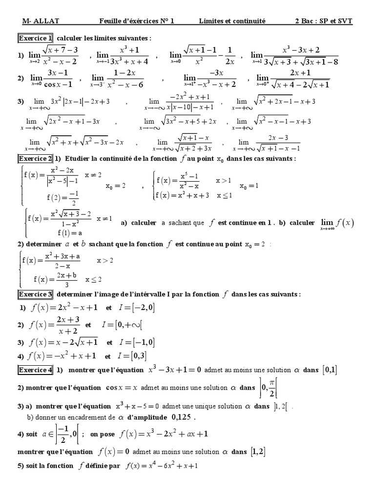 Limites et Continuité : Exercices Bac 2 | PDF | Fonction (Mathématiques ...