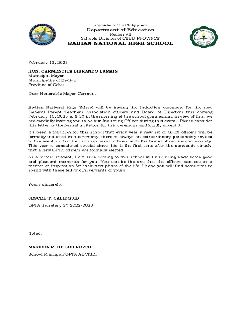 Invitation to Induction Ceremony for GPTA | PDF