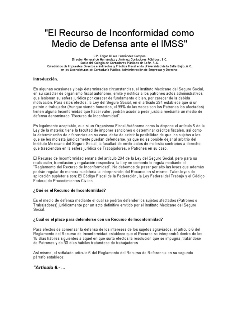 El Recurso de Inconformidad como Medio de Defensa ante el IMSS