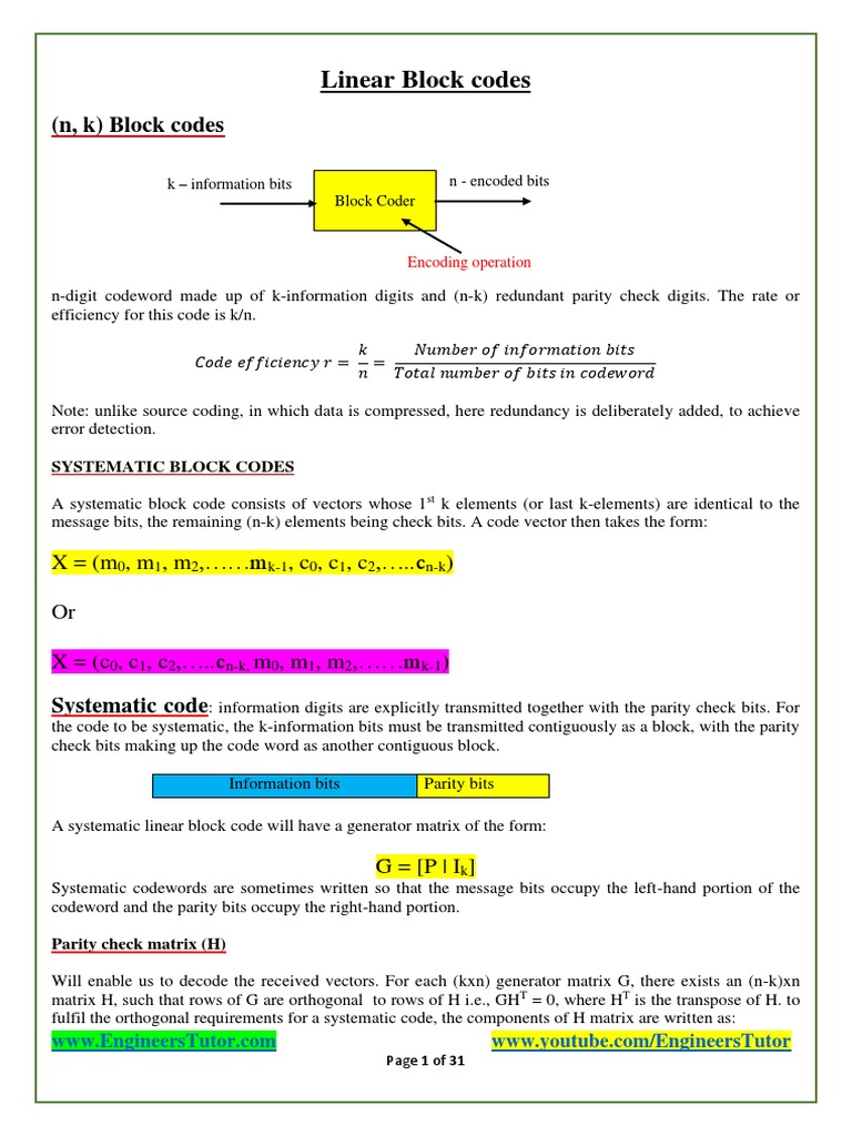 Linear Block Codes Complete Chapter Notes | PDF | Encodings | Naming ...