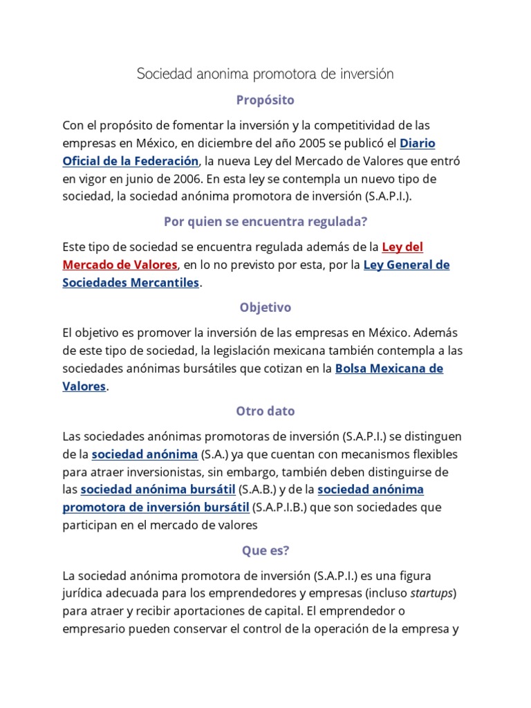 Sociedad Anonima Promotora de Inversión y Sociedad Anonima Promotora de