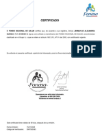 Certificado: QUENZA, RUN 41050461-8, Figura Como Afiliado (O Beneficiario) Del FONDO NACIONAL DE SALUD, Encontrándose