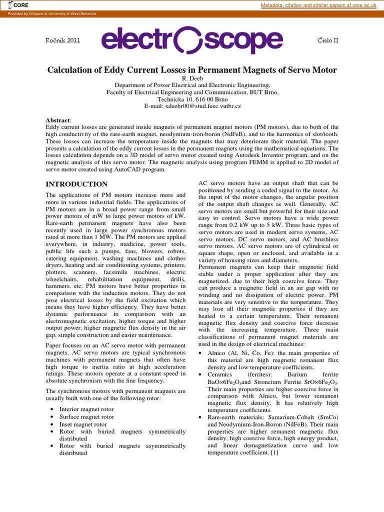 Calculation of Eddy Current Losses in Permanent Magnets of Servo Motor ...