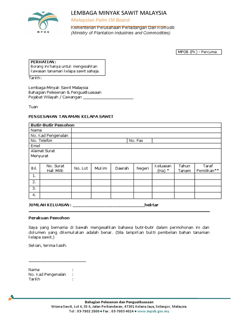 Borang Pengesahan Tanaman Kelapa Sawit - Kebun Kecil New | PDF