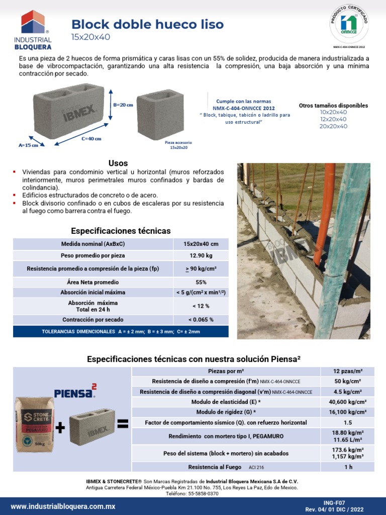 Block Hueco Liso de Concreto 15x20x40 | PDF | Construyendo tecnología ...