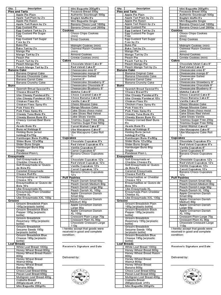 Qty. Description Pies and Tarts Qty. Description Pies and Tarts PDF