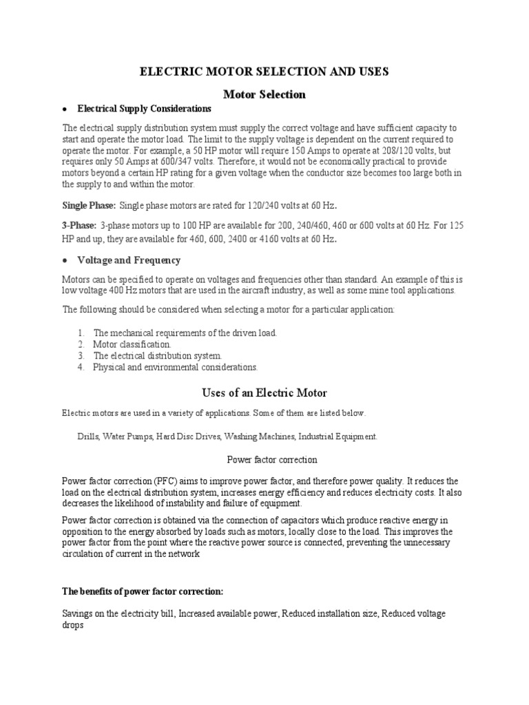 Electric Motor Selection and Uses PDF Electric Motor Power (Physics)