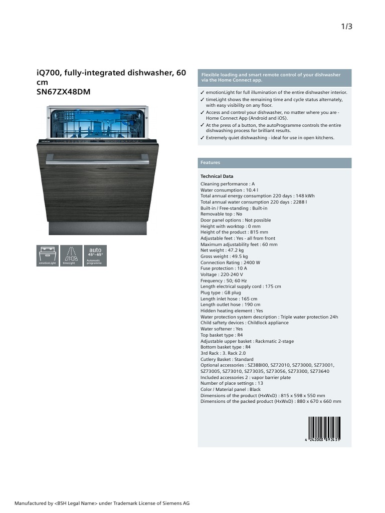 SN67ZX48DM PDF Dishwasher Ac Power Plugs And Sockets