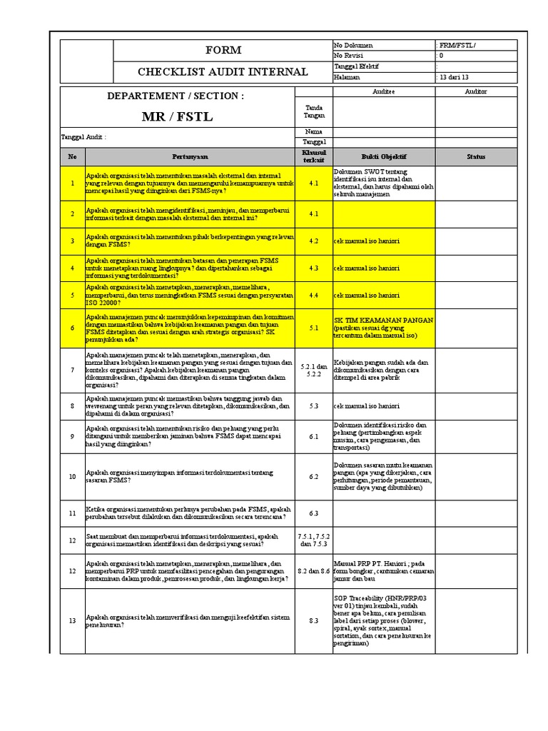 Checklist Audit Internal ISO 22000:2018 | PDF