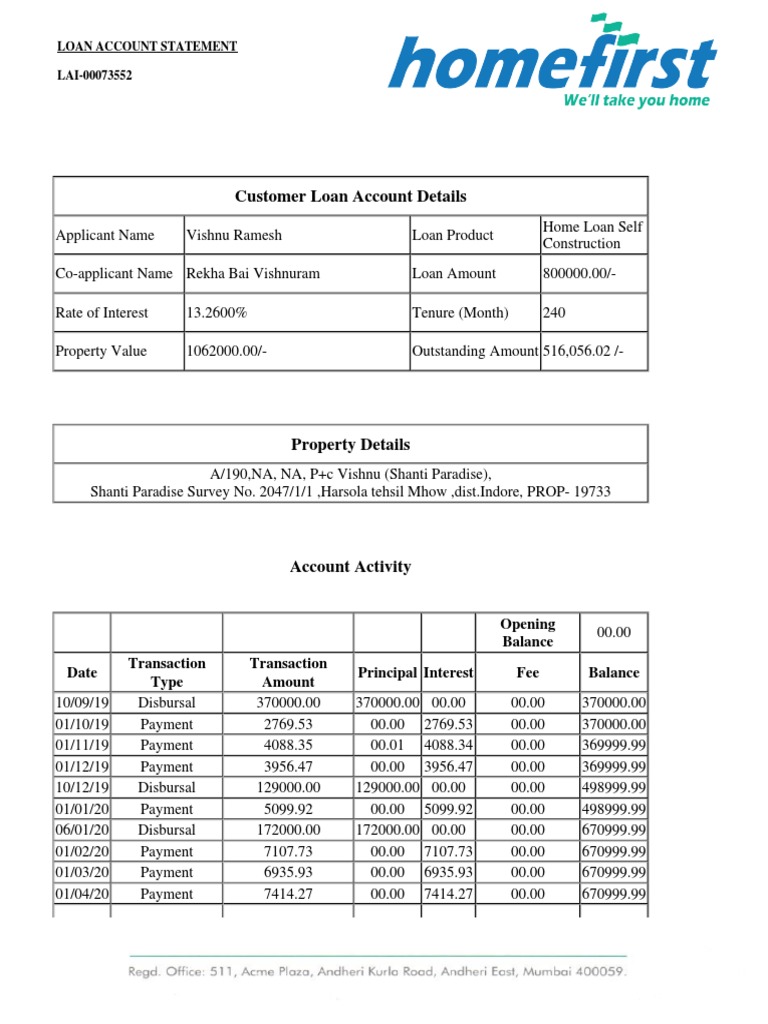 Loan Account Statement PDF Loans Interest