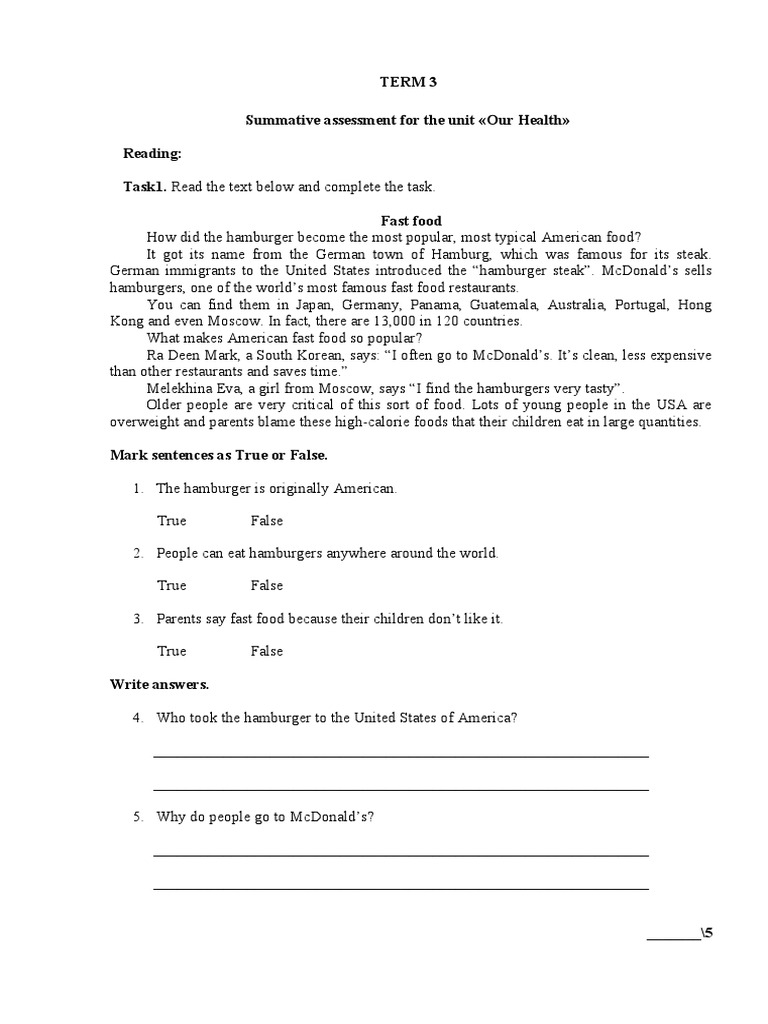 Term 3 Health Assessment for 6th Grade | PDF | Hamburgers | Fast Food