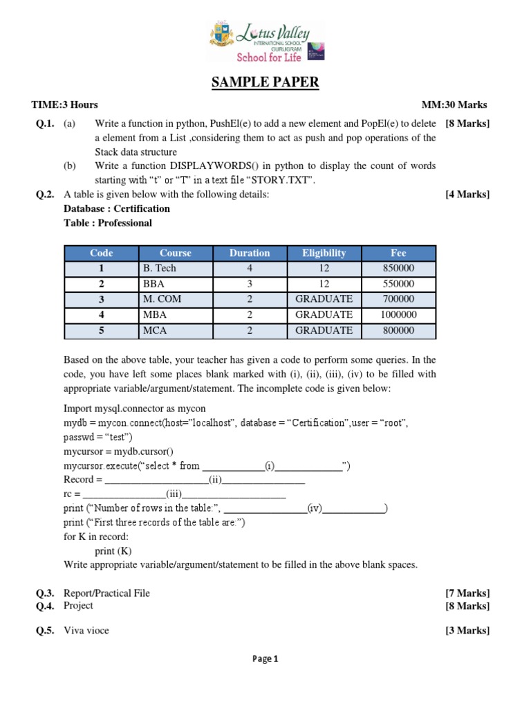 Cbse practice sample paper pdf software engineering databases