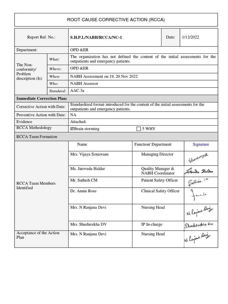 RCCA Report for NABH Compliance Issues | PDF | Patient | Patient Safety