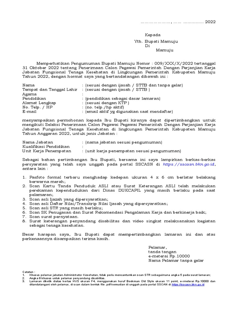 Contoh Surat Lamaran - Suket Dan Super PPPK JF Nakes 2022 | PDF