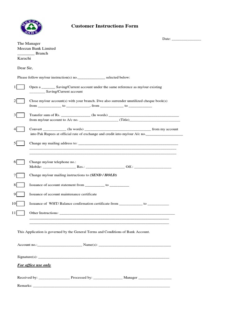 Meezan Bank Customer Instructions Form | PDF