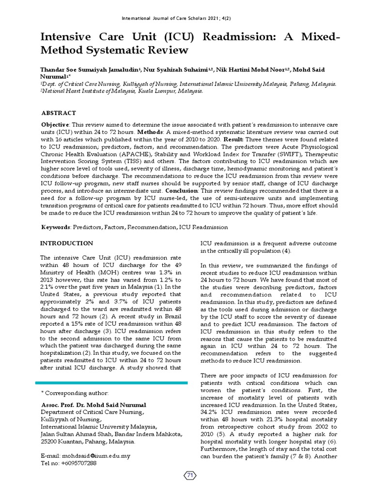 Intensive Care Unit (ICU) Readmission A MixedMethod Systematic Review PDF Intensive Care