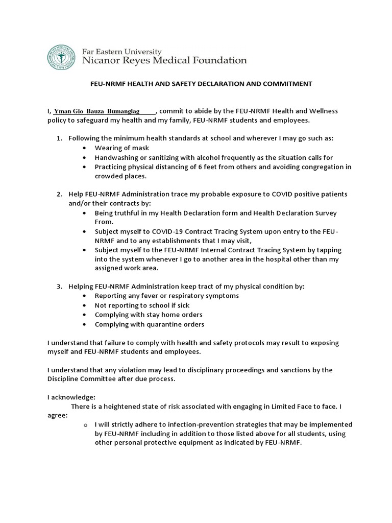 FeuNrmf Health and Safety Declaration and Commitment Yman Gio Bauza Bumanglag PDF