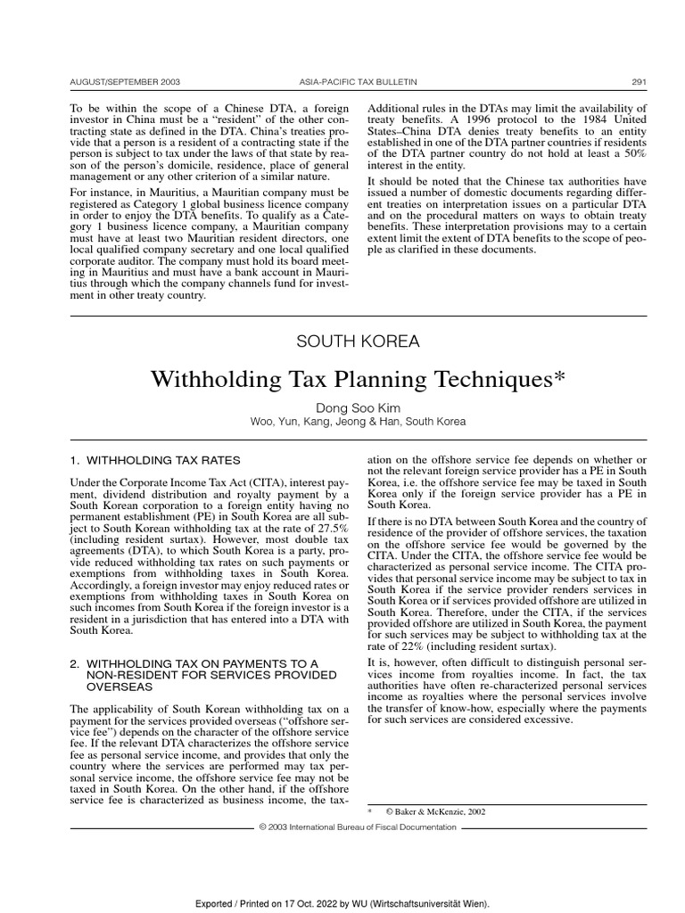 Withholding Tax Planning Techniques South Korea PDF Taxes Tax