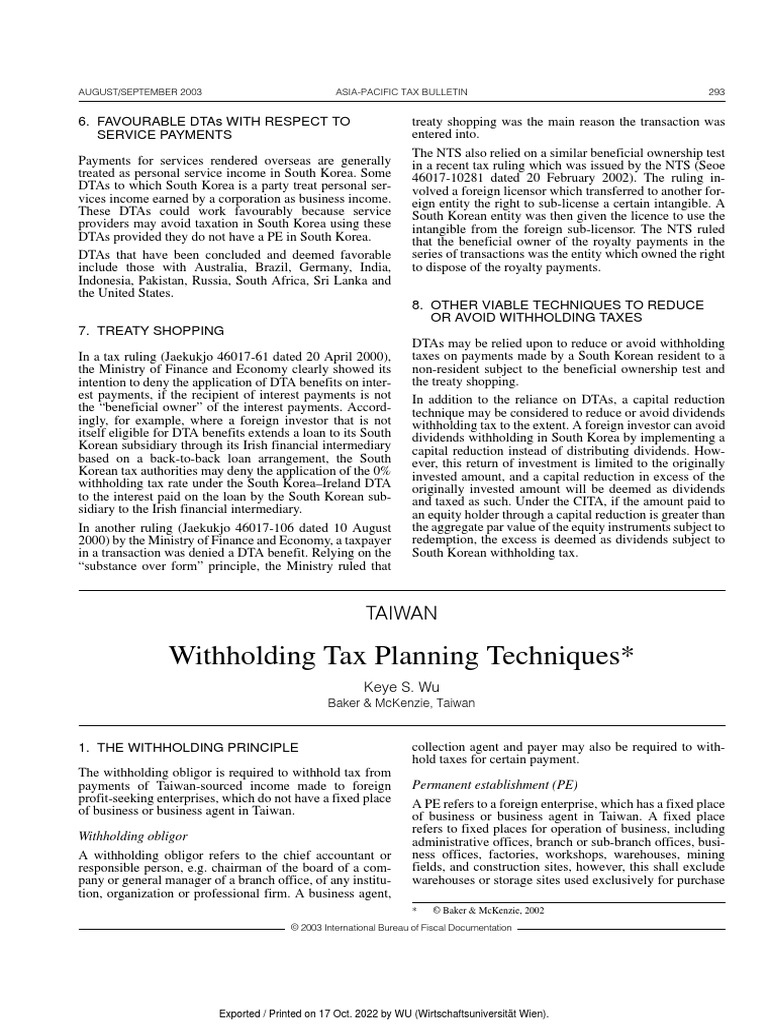 Withholding Tax Planning Technique Taiwan PDF Taxes Dividend