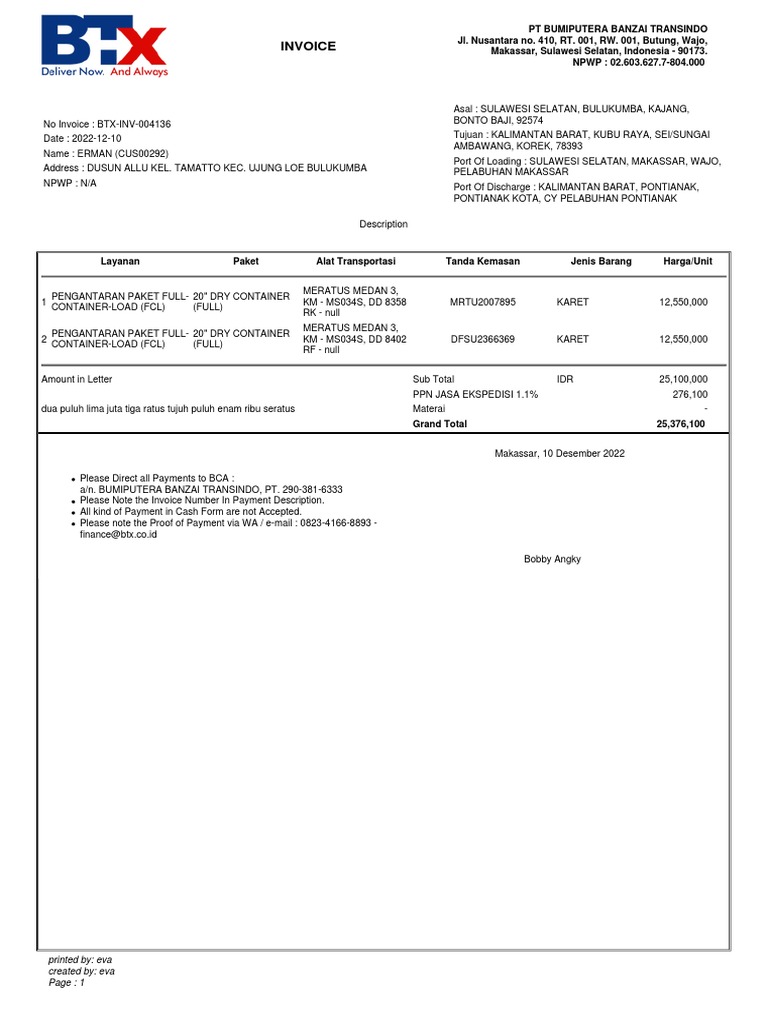 Invoice for FCL Shipment to Pontianak | PDF
