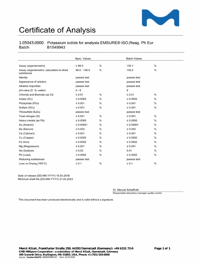 COA Potassium Iodide PDF