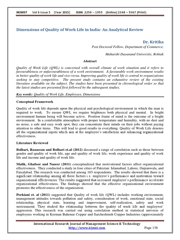 Quality of Work Life Dimensions in India | PDF | Job Satisfaction ...