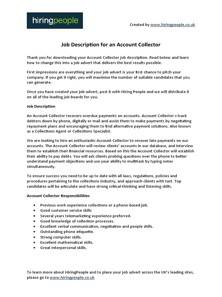 Account Collector Job Description PDF Advertising Job Interview