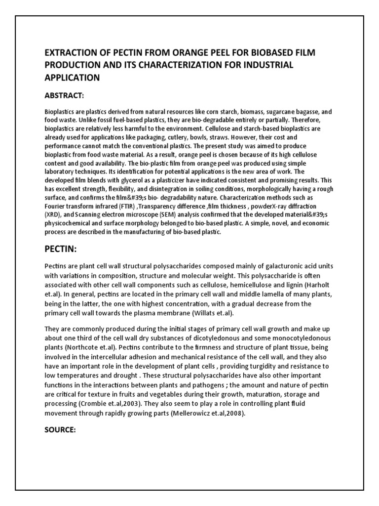 Orange Peel Pectin for Bioplastic Production | PDF | Cell Wall | Sugar