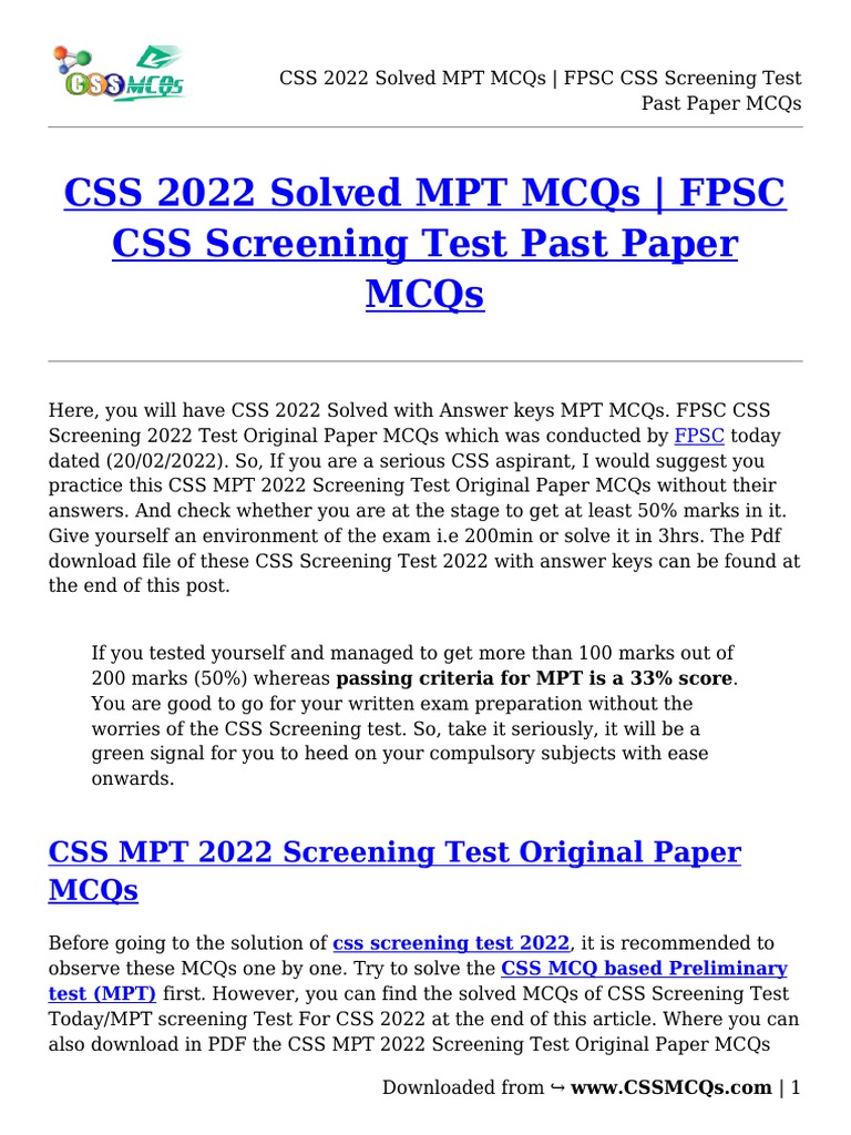 CSS 2022 Solved MPT MCQs - FPSC CSS Screening Test Past Paper MCQs ...