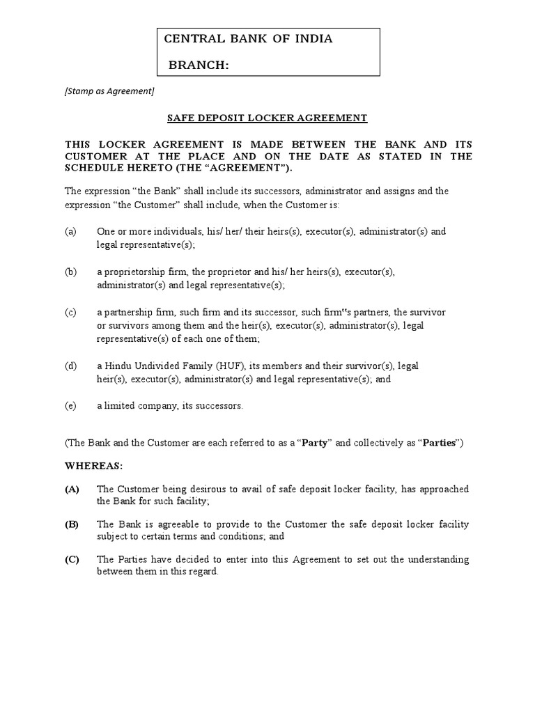 Central Bank Safe Deposit Locker Agreement | PDF | Lease | License